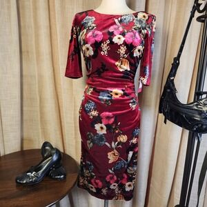 Vince Camuto NWT Velvet Floral Ruched Midi Dress 6 Burgundy Holiday $138